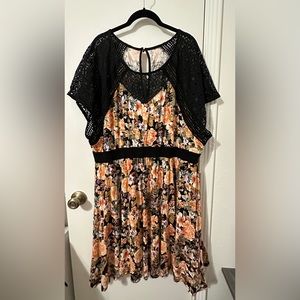 Torrid Orange and Black Floral Dress with Lace - Size 5